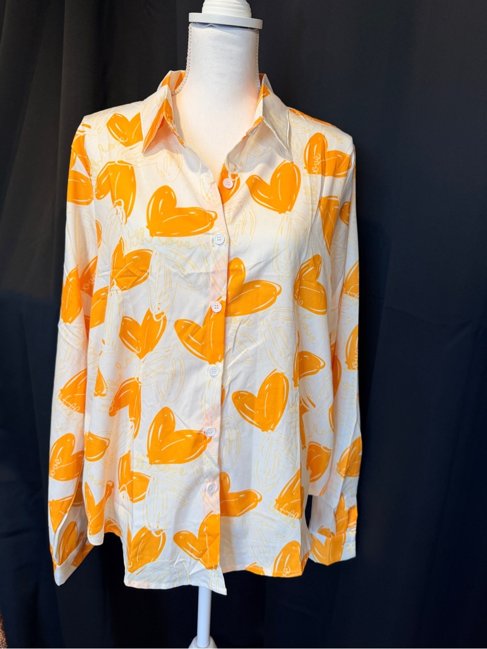 Button-Front White Shirt with Orange Heart Print